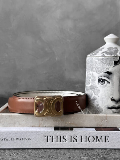 Celine Tan/rice Triomphe belt Reversible Gold Hardware S80