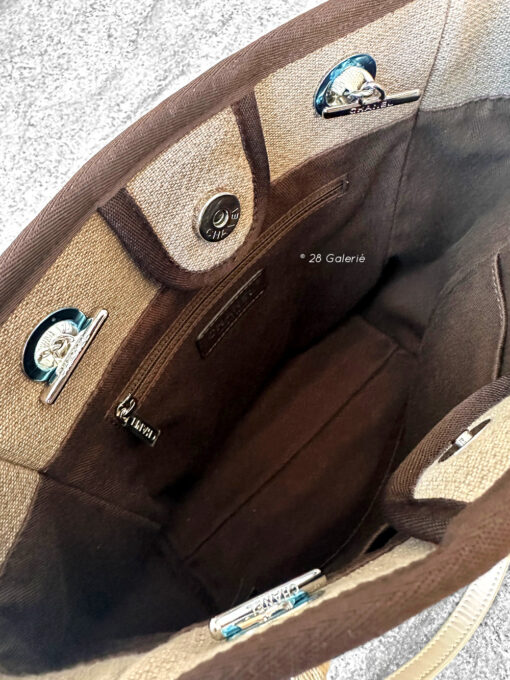 Chanel Brown/Beige Deauville PM Canvas Leather Tote Bag in Silver Hardware