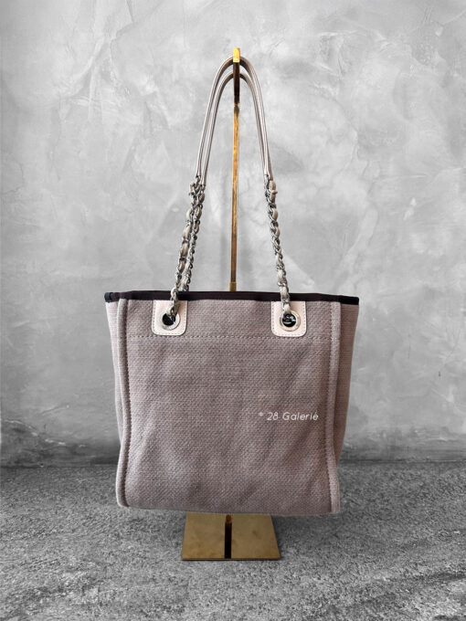 Chanel Brown/Beige Deauville PM Canvas Leather Tote Bag in Silver Hardware
