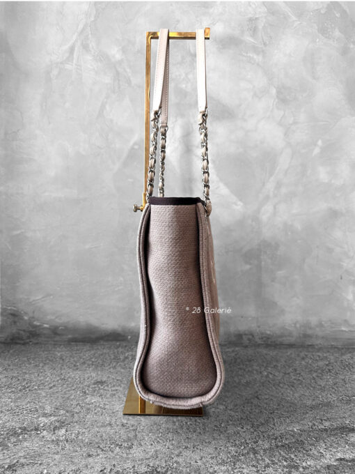 Chanel Brown/Beige Deauville PM Canvas Leather Tote Bag in Silver Hardware