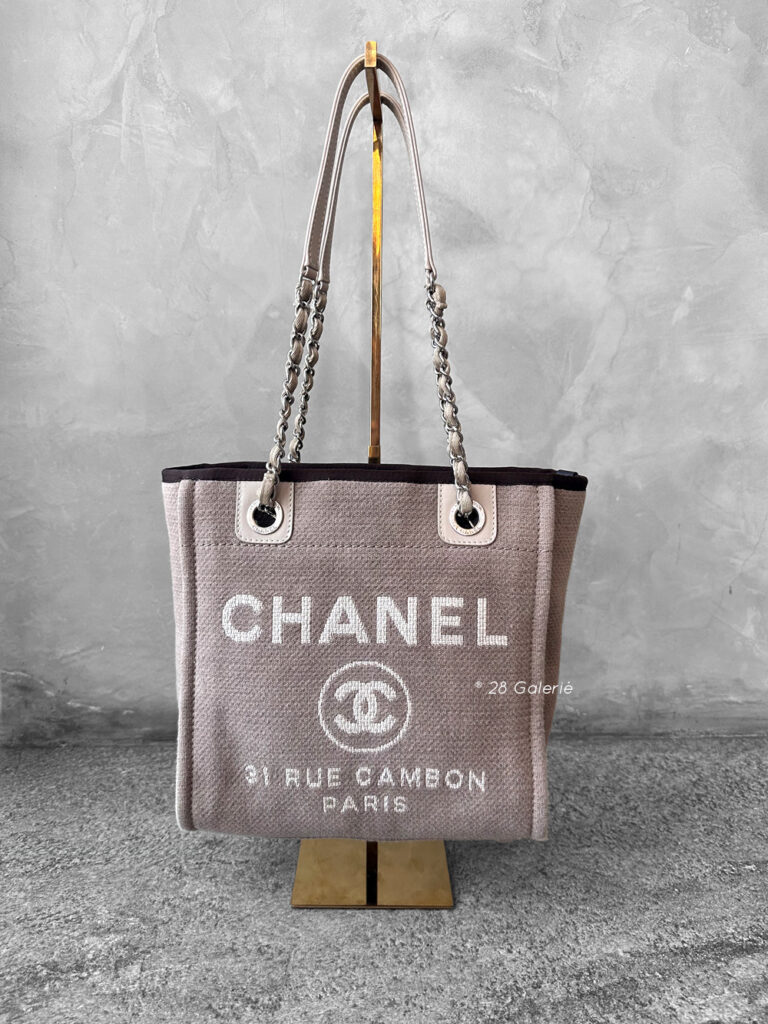 Chanel Brown/Beige Deauville PM Canvas Leather Tote Bag in Silver Hardware