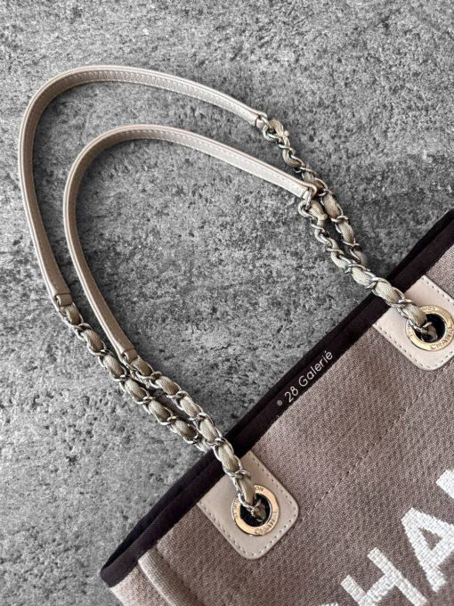 Chanel Brown/Beige Deauville PM Canvas Leather Tote Bag in Silver Hardware