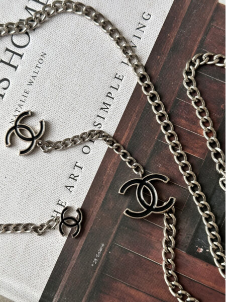 Chanel Silver and Black Logo Chain