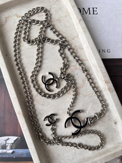 Chanel Silver and Black Logo Chain