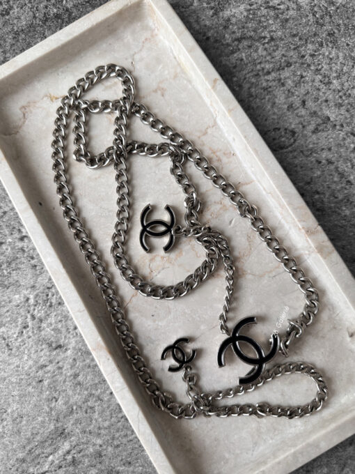 Chanel Silver and Black Logo Chain