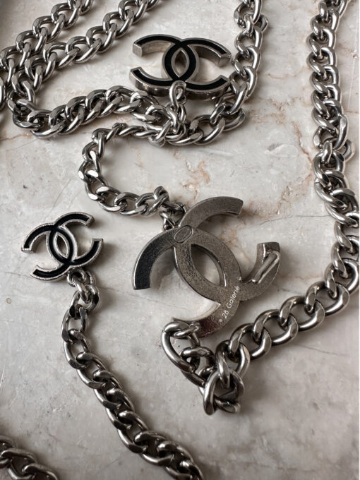 Chanel Silver and Black Logo Chain