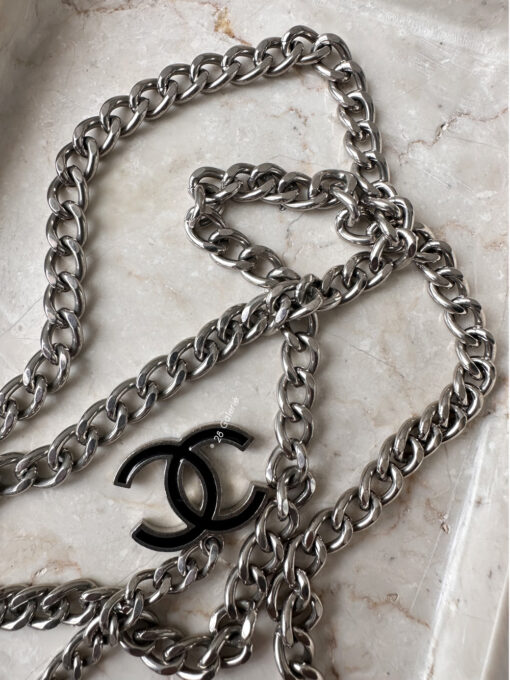 Chanel Silver and Black Logo Chain