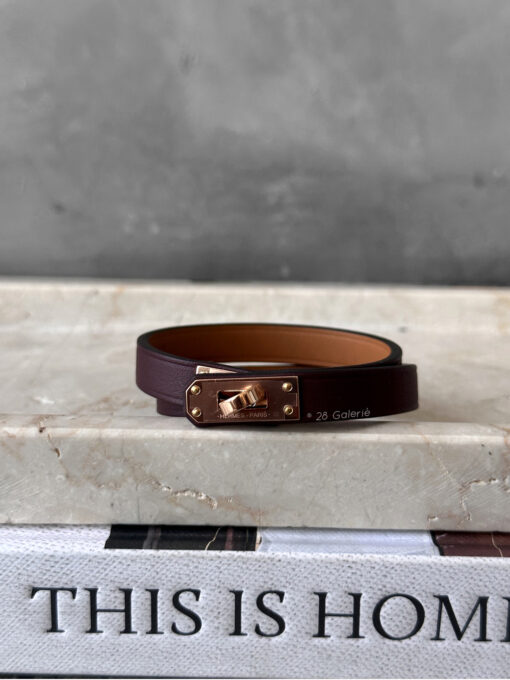 Hermes Rouge Mini Kelly Double Tour Bracelet in Calfskin Leather and Gold Hardware