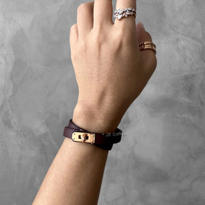 Hermes Rouge Mini Kelly Double Tour Bracelet in Calfskin Leather and Gold Hardware