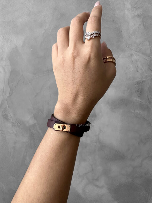 Hermes Rouge Mini Kelly Double Tour Bracelet in Calfskin Leather and Gold Hardware