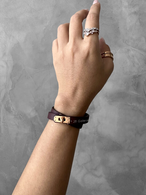 Hermes Rouge Mini Kelly Double Tour Bracelet in Calfskin Leather and Gold Hardware