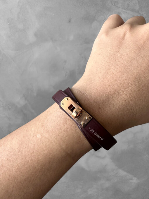 Hermes Rouge Mini Kelly Double Tour Bracelet in Calfskin Leather and Gold Hardware