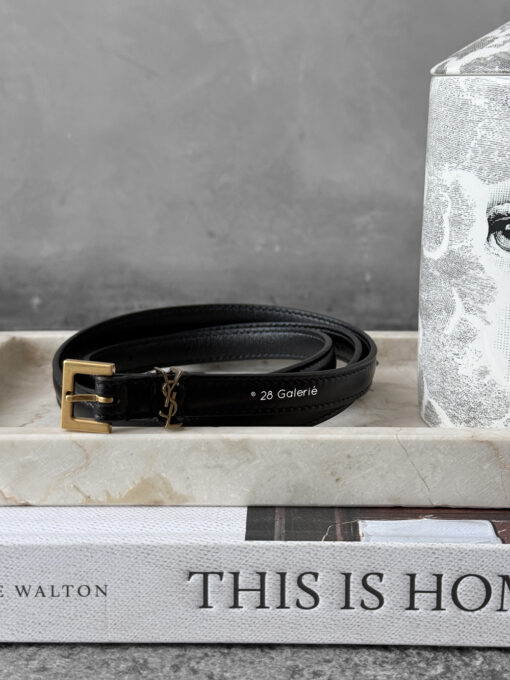 Authentic Saint Laurent Black Cassandre Belt in Calfskin Leather and Gold Hardware