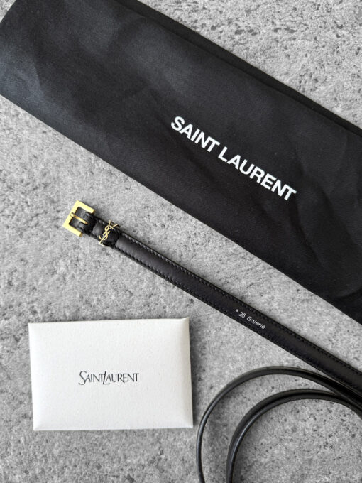 Authentic Saint Laurent Black Cassandre Belt in Calfskin Leather and Gold Hardware