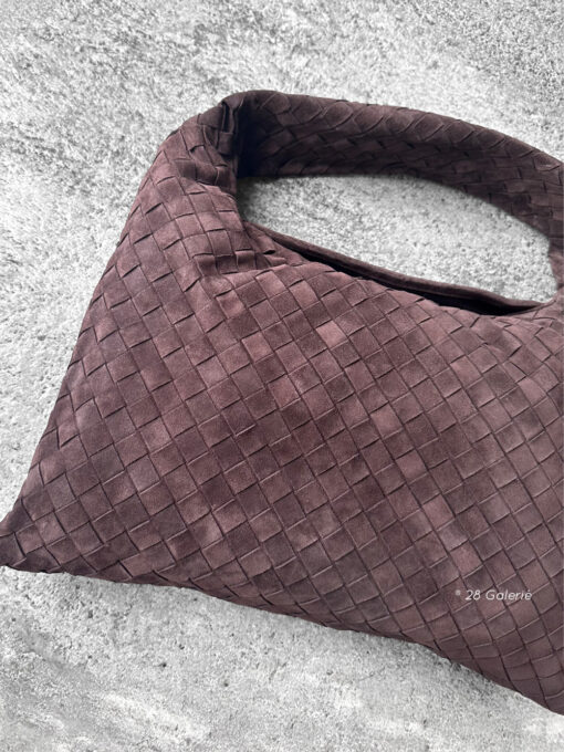 Bottega Veneta Small Brown Hop Hobo Bag in signature Intrecciato suede. A soft, timeless design that combines luxury craftsmanship with everyday elegance.