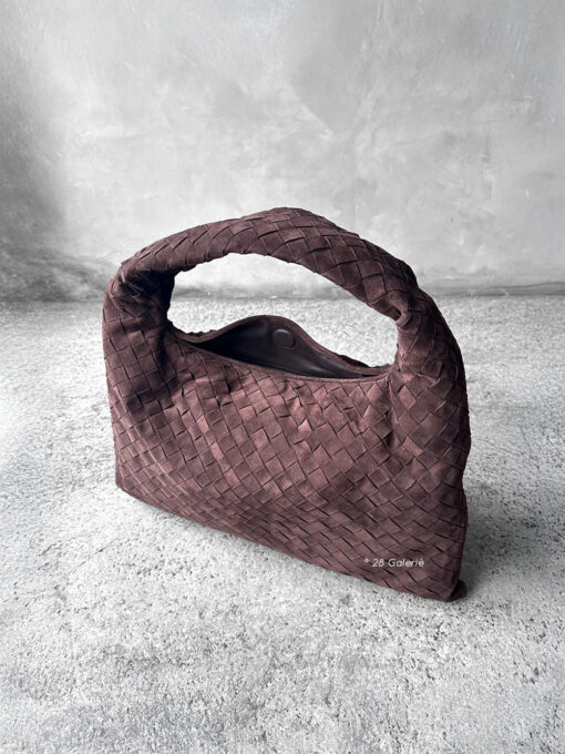 Bottega Veneta Small Brown Hop Hobo Bag in signature Intrecciato suede. A soft, timeless design that combines luxury craftsmanship with everyday elegance.