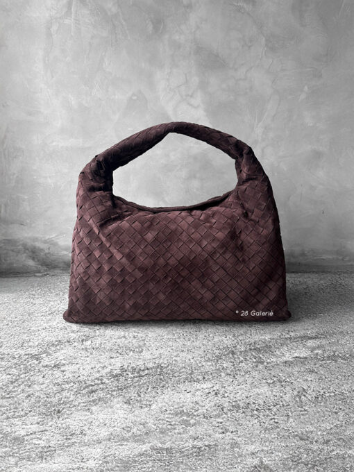 Bottega Veneta Small Brown Hop Hobo Bag in signature Intrecciato suede. A soft, timeless design that combines luxury craftsmanship with everyday elegance.