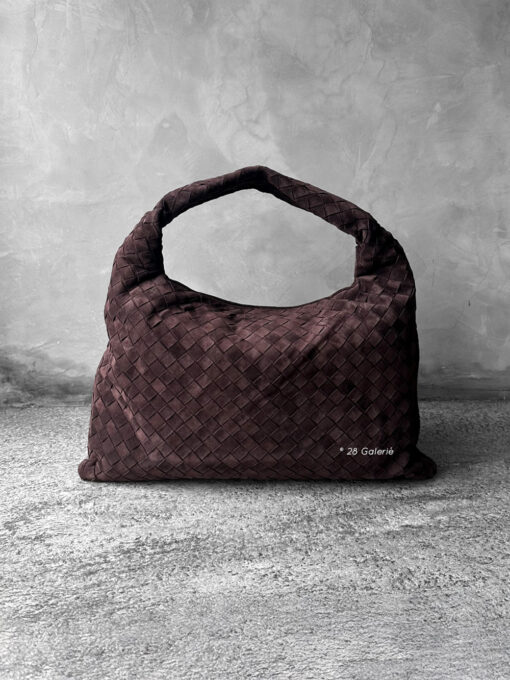 Bottega Veneta Small Brown Hop Hobo Bag in signature Intrecciato suede. A soft, timeless design that combines luxury craftsmanship with everyday elegance.