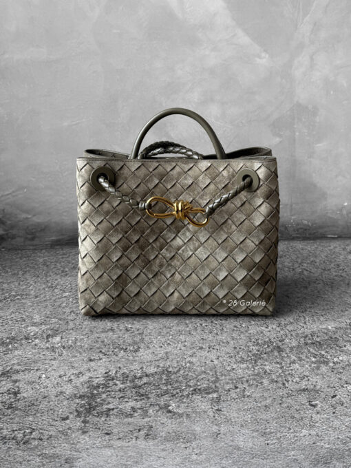 Bottega Veneta Small Andiamo Top Handle Bag in Cypress Intrecciato suede. A refined, structured silhouette showcasing timeless craftsmanship and elegance.
