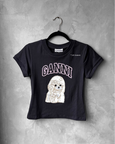 Ganni Small Black Basic Cotton Jersey Poodle Tee, crafted from soft cotton with a playful poodle graphic for casual, everyday style.