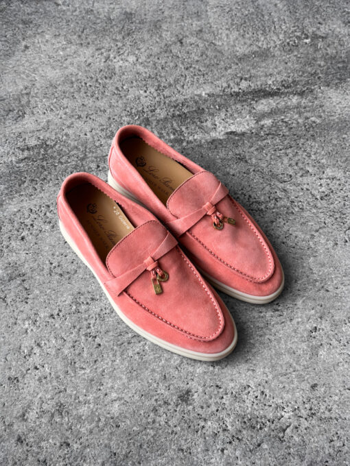 Loro Piana Rain Coral Summer Charms Walk Loafers in soft suede, featuring the iconic charm detail and effortless casual elegance.
