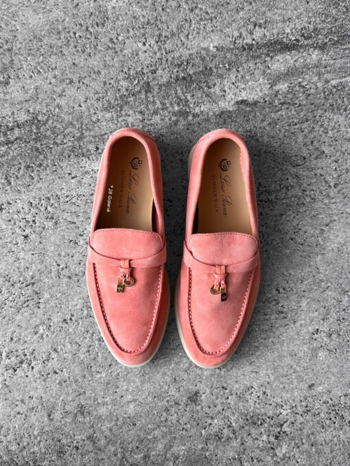 Loro Piana Rain Coral Summer Charms Walk Loafers in soft suede, featuring the iconic charm detail and effortless casual elegance.