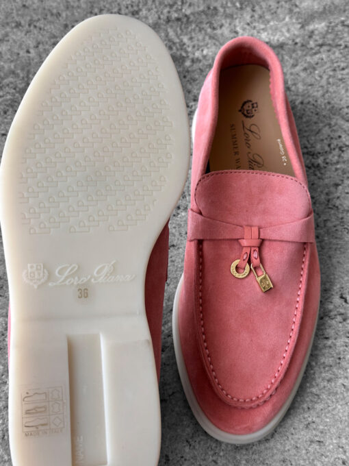 Loro Piana Rain Coral Summer Charms Walk Loafers in soft suede, featuring the iconic charm detail and effortless casual elegance.