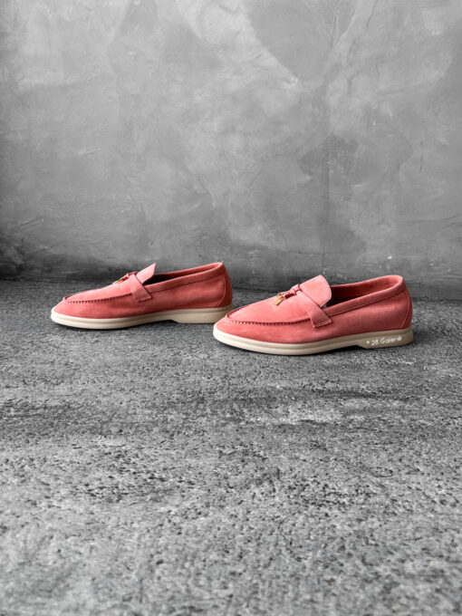 Loro Piana Rain Coral Summer Charms Walk Loafers in soft suede, featuring the iconic charm detail and effortless casual elegance.