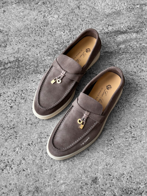 Loro Piana Rain Drops Summer Charms Walk Loafers in supple suede with signature charm detail, blending luxury craftsmanship and casual elegance.