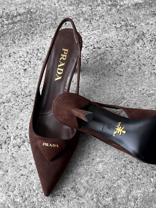Prada Dark Brown Suede Slingback Pumps with 75mm heel, size 36.5. A timeless, elegant silhouette crafted in soft suede.