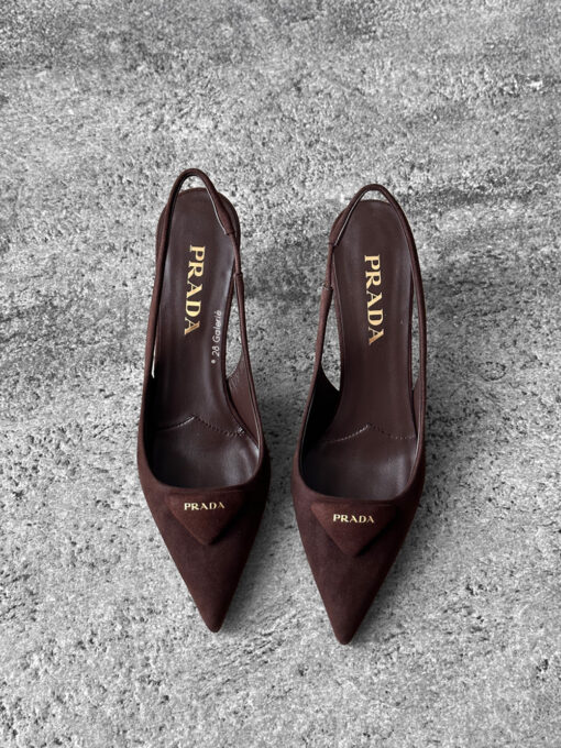 Prada Dark Brown Suede Slingback Pumps with 75mm heel, size 36.5. A timeless, elegant silhouette crafted in soft suede.