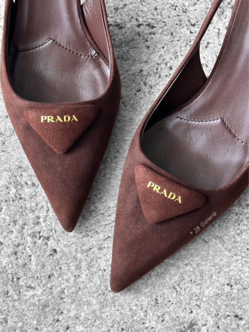 Prada Dark Brown Suede Slingback Pumps with 75mm heel, size 36.5. A timeless, elegant silhouette crafted in soft suede.