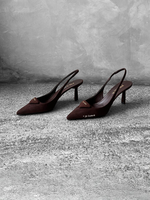 Prada Dark Brown Suede Slingback Pumps with 75mm heel, size 36.5. A timeless, elegant silhouette crafted in soft suede.