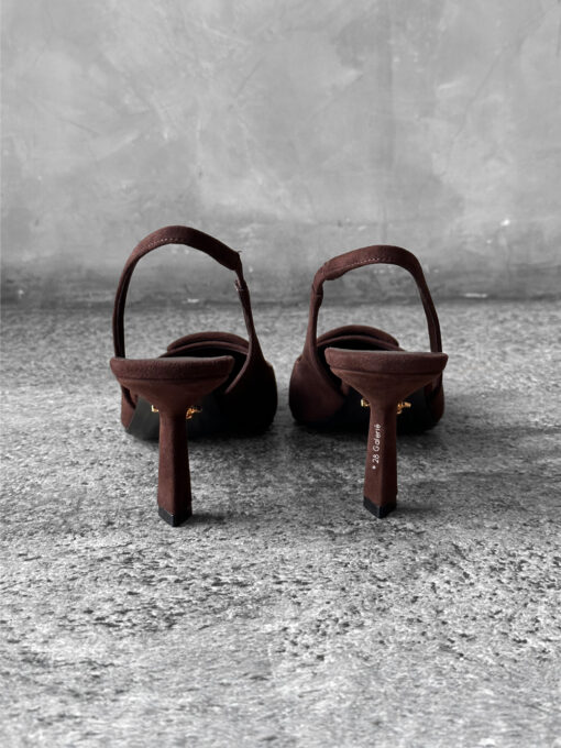 Prada Dark Brown Suede Slingback Pumps with 75mm heel, size 36.5. A timeless, elegant silhouette crafted in soft suede.