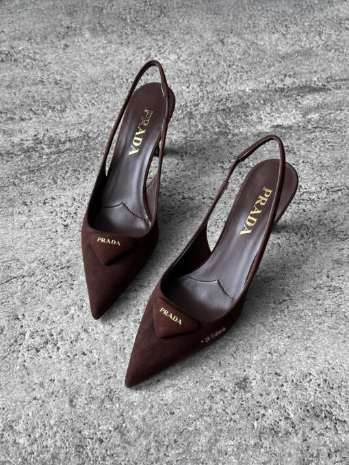 Prada Dark Brown Suede Slingback Pumps with 75mm heel, size 36.5. A timeless, elegant silhouette crafted in soft suede.