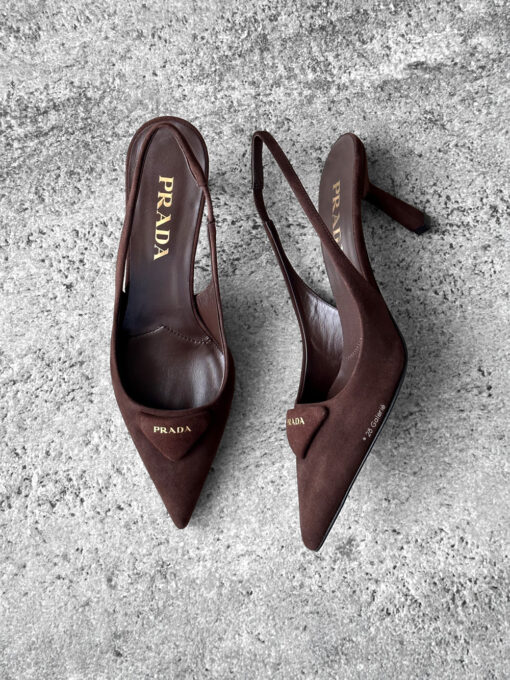Prada Dark Brown Suede Slingback Pumps with 75mm heel, size 36.5. A timeless, elegant silhouette crafted in soft suede.