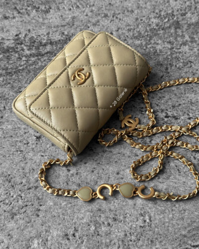 Chanel Light Green Enamel Coco Hearts Clutch with Chain Lambskin Leather and Gold Hardware
