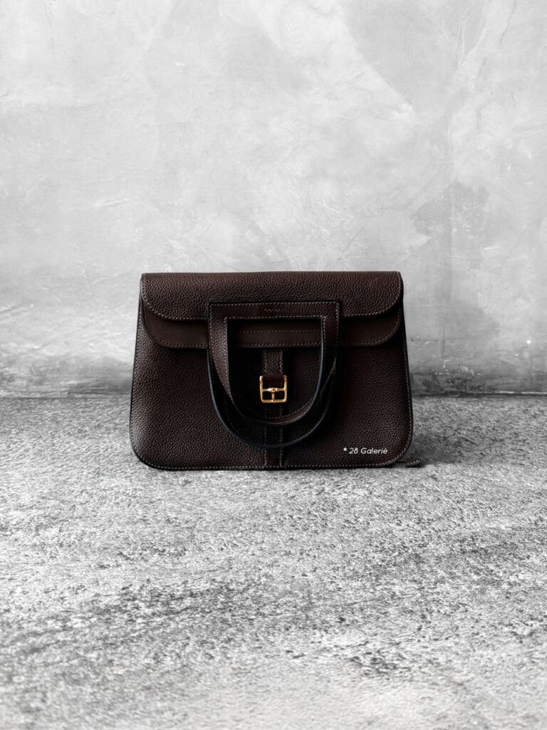 Hermes Ebene Halzan 25 Clemence Leather and Gold Hardware