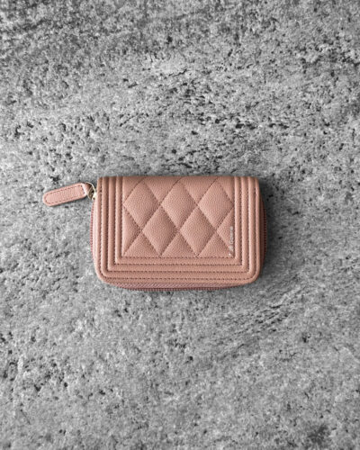 Chanel Beige Boy Zippy Card Wallet in Quilted Caviar Leather and Gold Hardware