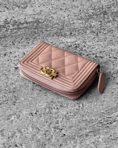 Chanel Beige Boy Zippy Card Wallet in Quilted Caviar Leather and Gold Hardware