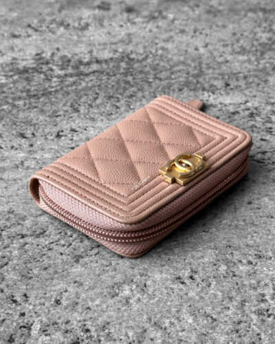 Chanel Beige Boy Zippy Card Wallet in Quilted Caviar Leather and Gold Hardware