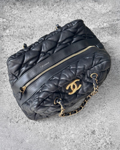 Chanel Black Bubble Quilted Bowler Bag in Lambskin Leather and Gold Hardware