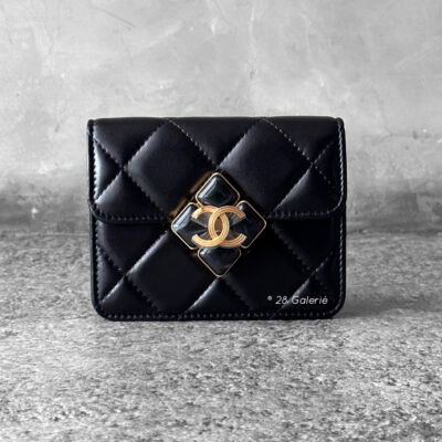 Chanel Black Diamond Lock Flap Card Holder on Chain in Quilted Lambskin Leather & Gold Hardware