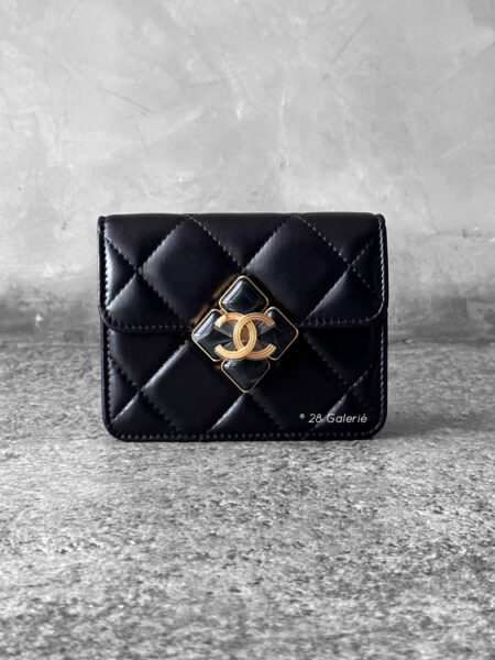 Chanel Black Diamond Lock Flap Card Holder on Chain in Quilted Lambskin Leather & Gold Hardware