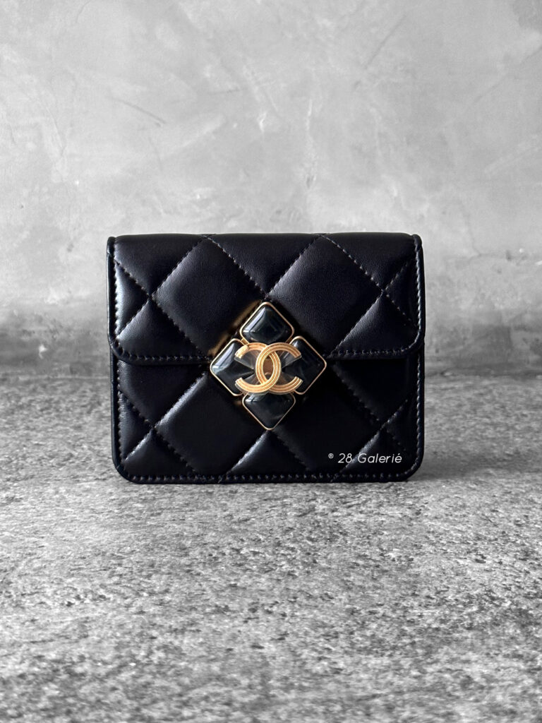 Chanel Black Diamond Lock Flap Card Holder on Chain in Quilted Lambskin Leather & Gold Hardware
