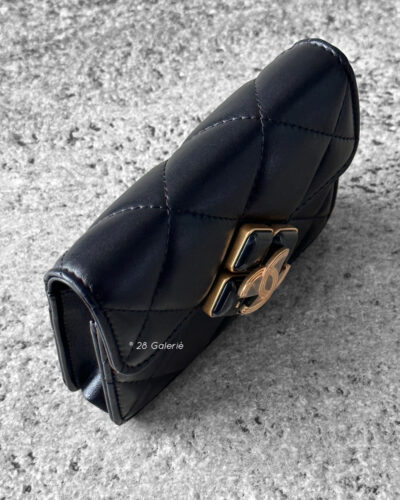 Chanel Black Diamond Lock Flap Card Holder on Chain in Quilted Lambskin Leather & Gold Hardware