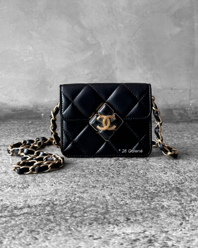 Chanel Black Diamond Lock Flap Card Holder on Chain in Quilted Lambskin Leather & Gold Hardware