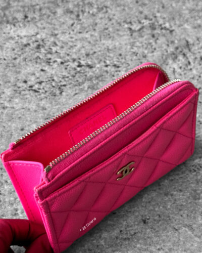 Chanel Hot Pink Zippy Card Holder in Quilted Caviar and Gold Hardware