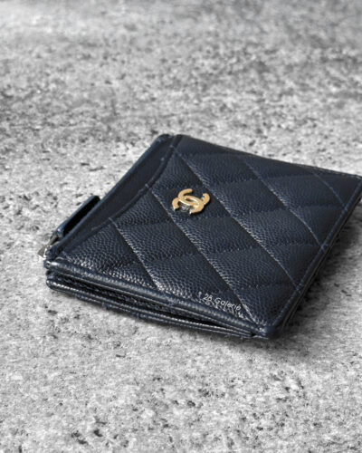Chanel Navy Blue Zippy Card Holder in Quilted Caviar and Gold Hardware