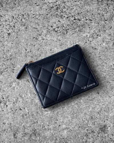 Chanel Navy Blue Zippy Card Holder in Quilted Caviar and Gold Hardware